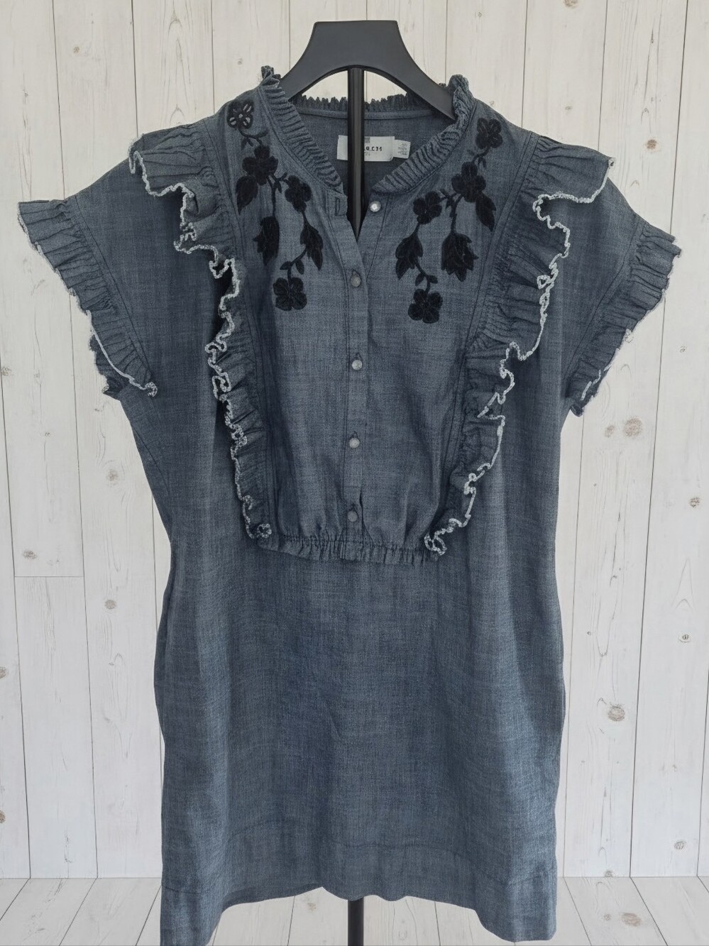 Coach 100% Cotton Denim Blue Chambray Mini Dress with Floral Embroidery